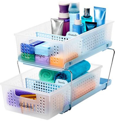 madesmart Two-Tier Bathroom Cabinet Organizer, Sliding Drawer Storage for Bottles, Sponges & Cleaning Supplies, Blue
