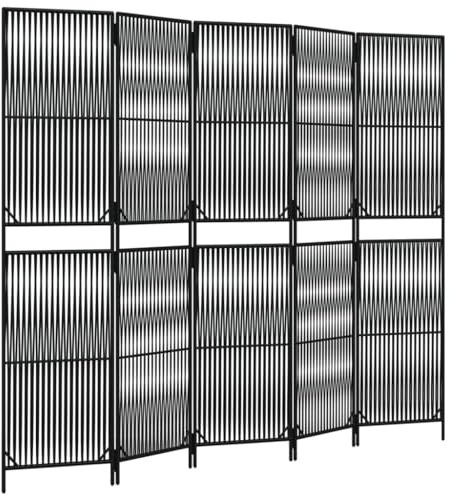 vidaXL Paravent 5-TLG., Raumteiler Linien-Webdesign Faltdesign, Trennwand Sichtschutz für Innen Außen, Spanische Wand Raumtrenner, Schwarz Poly Rattan