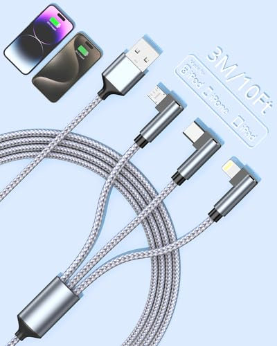 90 Degree 3 in 1 Multi Charger Cable, 3M Nylon Braided USB Charging Cable With Micro USB Lightning Type C for iPhone 15 14 13 12, Android Galaxy, Huawei, OnePlus, LG