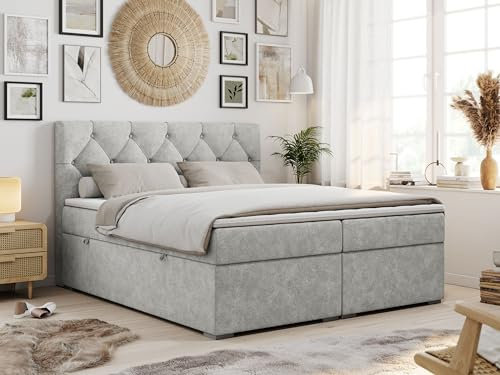 MKS MEBLE Boxspringbett 120x200 cm mit Matratze und Topper T25, Boxspringbett mit Bettkasten und Kopfteil - Alda - H3 Hellgrau Strukture