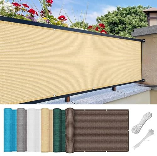 Pantalla para Balcón 90 x 250 cm Protección UV Pantalla de Privacidad para Balcones con Ataduras de Cables Pantalla Protectora para Barandilla de Terraza, Color Crema