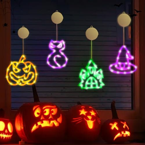 Lergas Halloween Deko Lichterkette, LED Kürbis Hexenhut Fensterlichter mit Saugnapf, Batteriebetriebene Multicolor (Orange, Purple, Green, Violet) Halloween Dekoration, Party Deko (4 Stück)