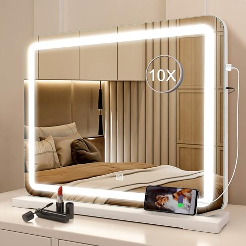 STARLEAD Espejo-Maquillaje-con-Luz 3 Colores Regulables, 48 x 38 cm Grande Espejo Tocador con Luz y Aumento 10X, USB Puerto Carga, Espejo-con-Luz-para-Maquillaje Soporte Pared, Blanco