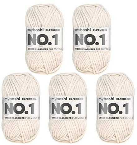 myboshi No.1 Wolle zum Häkeln und Stricken, Schnellstrickgarn, langlebige Mützenwolle, Strickwolle, Häkelwolle, mulesing-frei, 50g, Ll 55m Beige (Elfenbein) 5 Knäuel