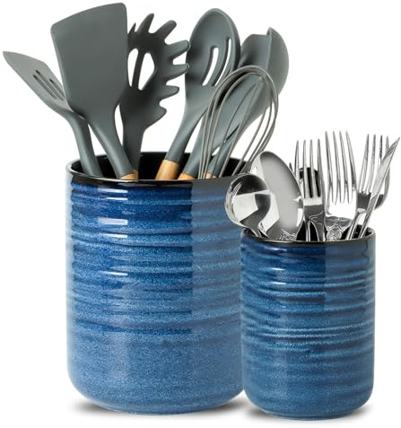 HASENSE Ceramic Utensil Holder Set of 2 (7.4+5.5), Modern Farmhouse Kitchen Utensil Crocks for Countertop, Blue Kitchen Tool Organizer for Spatulas, Whisks, Tongs & Cooking Tools