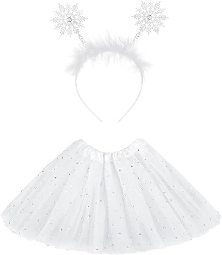 DIELIANHUA 2PCS Weihnachten Kostüm Kinder, 3 Lagiges Tüllrock Damen, Weißes Pailletten Tutu Unterrock, mit Schneeflocken Haarreif, für Mädchen Geburtstag Weihnachten Halloween Fasching Party
