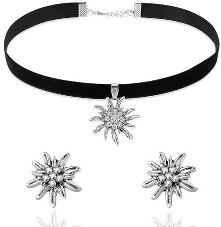 Nirecu Trachtenschmuck Damen Set,Edelweiß Halskette Und Ohrstecker FüR Damen,Bayerisch Dirndl Schmuck Trachtenkette,Edelweiss Deko Dirndl Accessoires, Kropfkette Elastisch