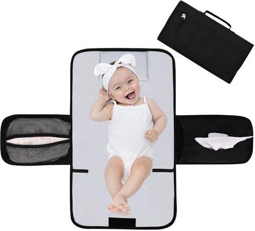 Bebamour Portable Nappy Changing Mats with Wipes Pocket Travel Baby Changing Pads with Head Cushion for Infants Waterproof Diaper Changing Pads Newborn Essentials, Upgraded Black