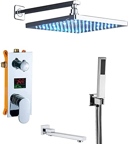 FLUXGOONE Duschsystem Temperaturanzeige Verdeckter Duschhahn-Satz Chrom Regenduschkopfsystem mit Handbrause und 12-Zoll-LED-Regenduschkopf Fortschrittliche Lufteinspritzung Techno Interessantes Leben