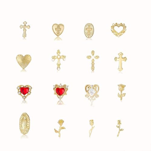 Gold Nail Charms,80Pcs Cross, Rose, Heart, Virgin Mary Nail Gems and Charms,Metal Alloy Nail Accessories for Manicure Design Decorations DIY Crafts (Gold A)