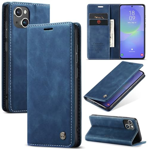 Phernykas Wallet Case for iPhone 14, Blue | Note Pocket 2-in-1 Faux Leather Flip Wallet Case – Magnetic Clasp, Built-in Kickstand, 2 Card Slots, Velvet-Soft Touch