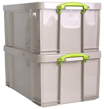 Really Useful Box Plastic Storage 64L Recycled Dove Grey with Green Handles Pack of 2