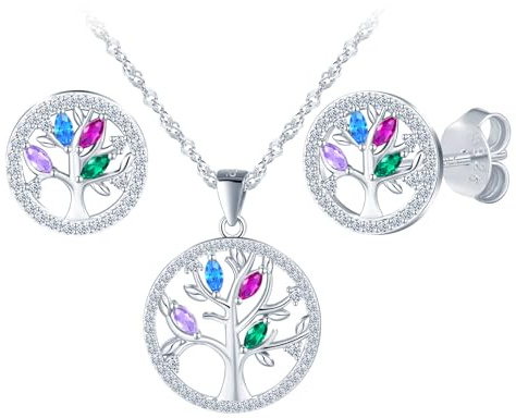 Set di gioielli con albero della vita, con marquise, con zirconi colorati, in argento 925, rotondi, con albero della vita, orecchini e collana, per donne e ragazze