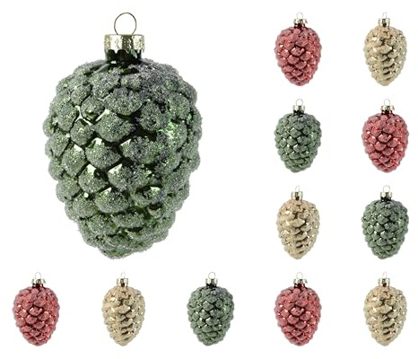 Kaemingk Christbaumschmuck Zapfen 10cm Glas mit Perlen 12er Set - Tannenzapfen Glaszapfen Christbaumkugeln Weihnachtsbaumkugeln Weihnachten - Weihnachtsbaumschmuck - Rot Grün Gold