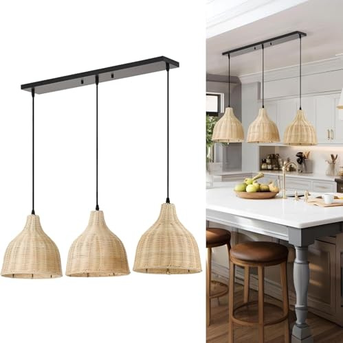 AroimRex 3er Pack gewebte Pendelleuchten brauner Rattan Kronleuchter Bauernhaus Korbleuchte verstellbare Boho Hängelampe für Kücheninsel Schlafzimmer Esszimmer Foyer Flur(A Style)