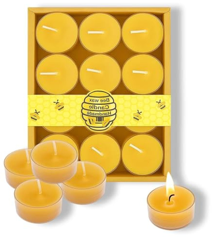 Lot de 12 bougies chauffe-plat en cire d'abeille avec mèche en coton, bougies jaunes délicates dans une boîte décorative, bougies en cire pour la relaxation à la maison et la purification de l'air