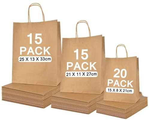 50 Sacchetti di Carta Kraft con Manico, 3 Misure Assortite (25x13x33 cm, 21x11x27 cm, 15x8x21 cm), Sacchetti Robusti per Affari, Vendita al Dettaglio, Shopping e Regali