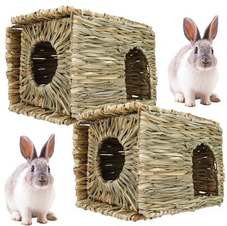 JBESUHI 2 Pack 12×8.5×8 Foldable Grass Bunny House Straw Hideaway Hut