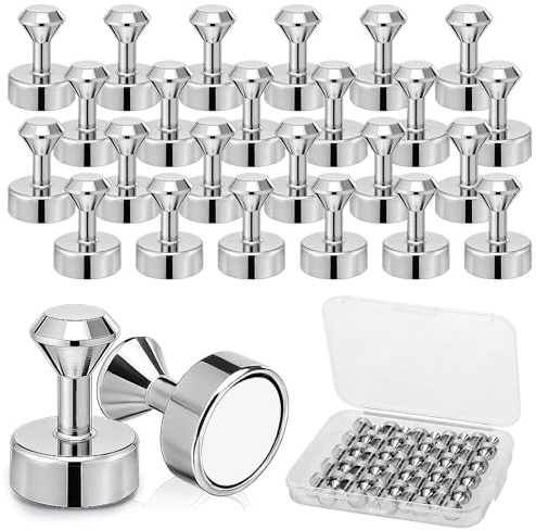 30er Set Neodym Magnete 12x16 mm, Silber, für Whiteboard | Starke Neodym-Magnete, Metallgehäuse, mit Aufbewahrungsbox, für Büro und Küche