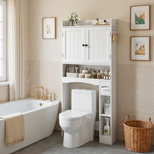 Xbro WC Überbauschrank über Toilette, freistehendes Toilettenregal mit 2 Türen, verstellbaren Regalen & Taschentuchbox, kippsicher, für Badezimmer und Waschküche, 82 × 20 × 179 cm, Weiß