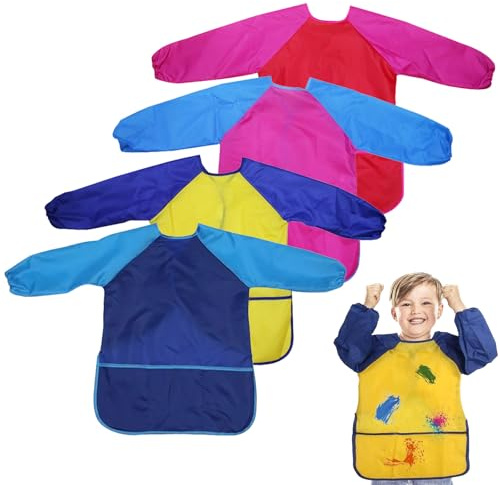 Meunhy Kids Painting Aprons 4 Pack,Kids Art Aprons Smock,Kid Craft Apron with Pockets and Long Sleeves,Waterproof,for Painting,Cooking,Eating,Arts & Crafts Childs Paint Apron
