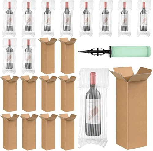 Lot de 10 boîtes d’expédition pour vin 1 bouteille en carton avec sacs de protection et pompe gonflable, emballage sécurisé pour transport expédition déménagement, adapté bouteilles bière verre