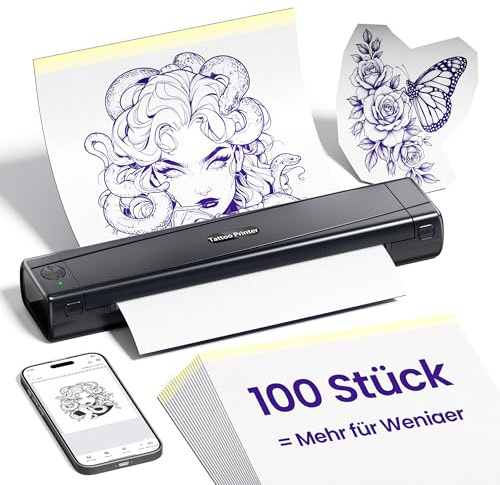 TATTMUSE A887 Tattoo Stencil Printer with 100Pcs Tattoo Disposables, Black | Portable Thermal Tattoo Printer Compatible with Smartphone & Tablet, Bluetooth Dot Matrix Printer for Artists & Beginners