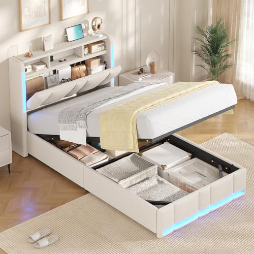 AOGLLATI 3ft Single Bed Frame with Hydraulic Storage, Charging Station & LED Lights, Single Ottoman Bed with Storage Headboard, Sturdy Wood Slats,Ottoman Storage Bed,Off-white Linen (Single-135x190cm)