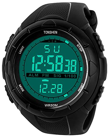 TONSHEN Montres Hommes Garçon 5ATM Etanche l'eau LED Digital Électronique Sport Militaire Multifonction Montre Bracelet Alarme Montre Rétroéclairage Chronomètre pour Homme Adolescents - Noir