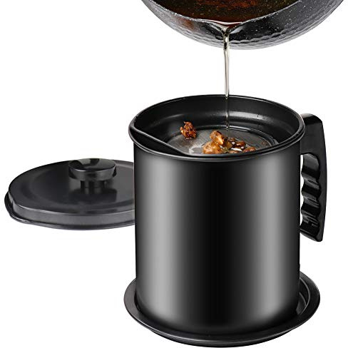 Cambom Bacon Grease Container with Fine Mesh Strainer, 1.3 L almost 6 Full Cups Iron Cooking Oil Can with Removable a Coaster Tray for Kitchen Fat Storage Black