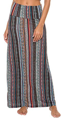 EXCHIC Mujer Cómoda Elástica Cintura Alta Maxi Falda Boho A-Line Largas Yoga Faldas