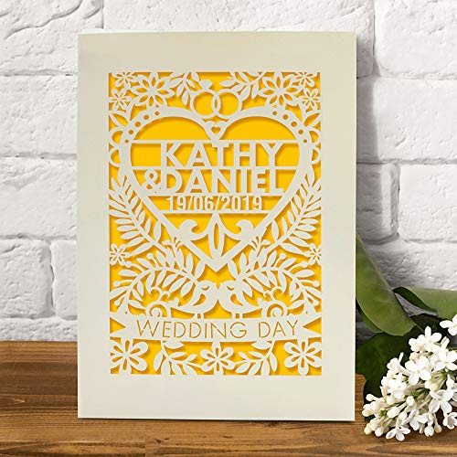 Personalised Wedding Card for Bride and Groom Laser Cut Greeting Cards Congratulations Wedding Day for Newlyweds with Envelopes Custom Gift Hand Finished in UK (Gold)