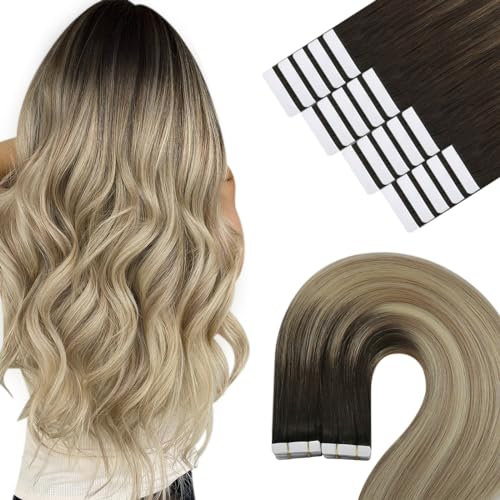 YoungSee Tape Extensions Echthaar Balayage Echthaar Extensions Tape Braun Balayage Blond Tape-in Haarverlangerung 35 cm Seamless Haarextension Tapes Kleber Glatt fur Damen 50g #4/14/60