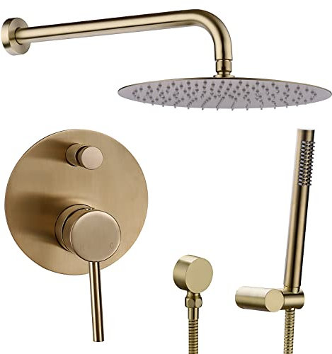 YJROOMS Brushed Gold Concealed Shower Set Rould Brass Bathroom Shower Mixer System Rainfall Shower Head Kit (12 Inch)