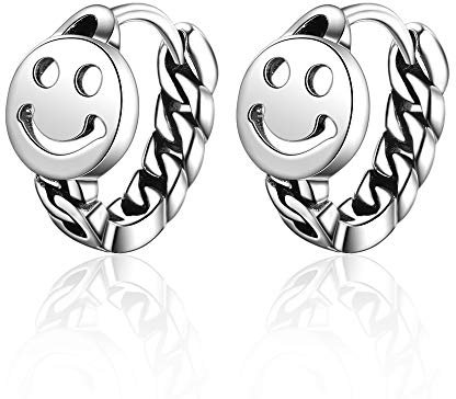 Yikoly Damen Creolen Ohrringe Silber 925 Einfache Retro Runden Smiley Bling Mode Ohrstecker Hoop für Frauen Mädchen