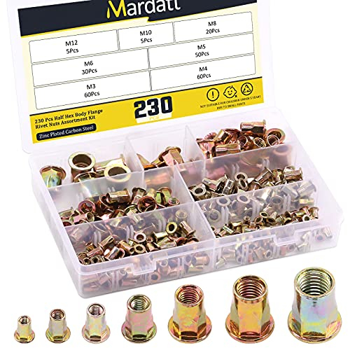 Mardatt Juego de tuercas de remache hexagonal métricas, M3, M4, M5, M6, M8, M10, M12, acero al carbono, mitad de cuerpo hexagonal, cabeza plana con rosca de inserción (kit de surtidor-230 piezas)