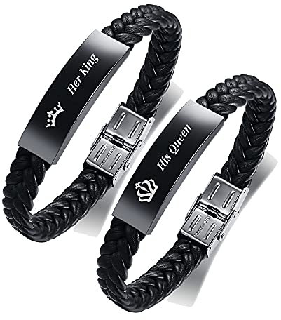 FLHEART Her King His Queen Schwarzer Edelstahl und Mikrofaser geflochtenes Leder Armbänder klassisch Stil Sein Ihrs Paar Armband Einstellbar Geburtstag Valentinstag Jahrestag Armband Geschenk