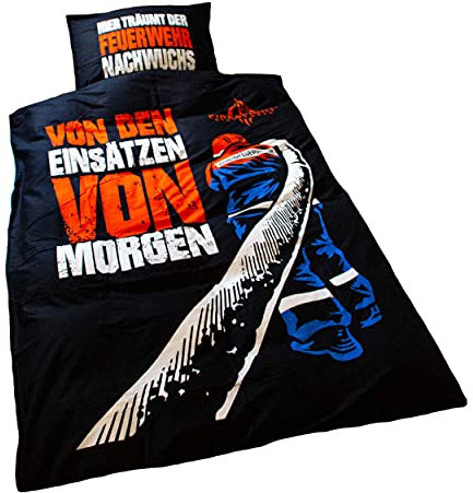 FIRE & FIGHT Streetwear Hier träumt der Feuerwehrnachwuchs - Bettbezug Kopfkissen 80 x 80 Deckenbezug 135 x 200 Oberdecke Set Geschenkidee Motiv retten löschen Bergen schützen Bettwäsche Set