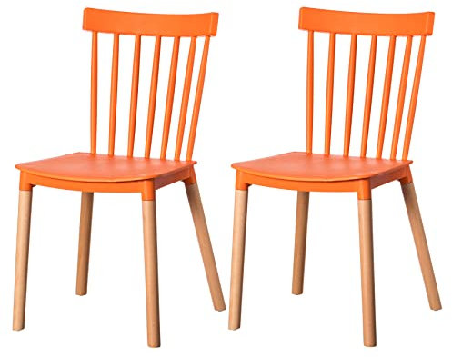 Fabulaxe Moderner Esszimmerstuhl aus Kunststoff, Windsor-Design, mit Beinen aus Buchenholz, Orange, 2 Stück