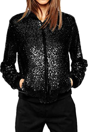 ORANDESIGNE Baseball Jacke Damen Pailletten Reißverschluss Langarm Jacken Frühling Herbst Kurze Jacke Outwear mit Taschen Retro Casual Baseball Bomberjacke Bikerjacke Übergangsjacke A Schwarz L