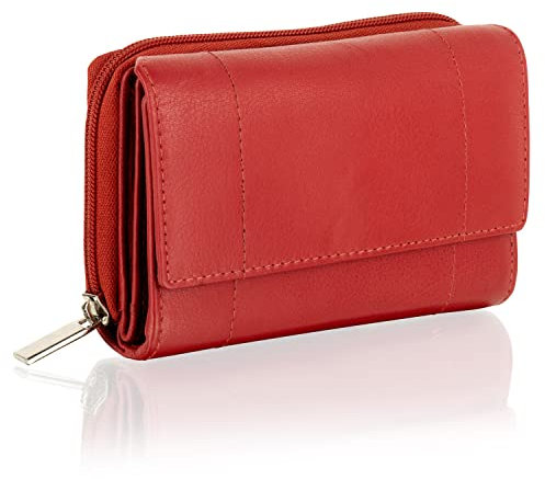 Woodland Leather Porte-Monnaie Femme, Petit Porte-Monnaie Protégé RFID en Cuir Véritable avec Poches Zippées pour Cartes et Pièces, Rouge