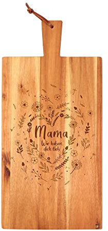 Holz Schneidebrett mit Griff für Mama, Frühstücksbrettchen mit Blumenherz Gravur, Geschenk für Mama zum Muttertag, Geburtstagsgeschenk für Frauen, Akazienholz Vesperbrett, Brotzeitbrett Küchenzubehör