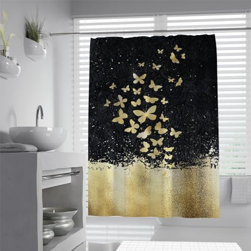 Wewoo Home Rideaux de Douche Noirs Rideaux de Salle de Bain Papillon doré avec Crochets Séchage Rapide Rideaux de Baignoire durables Rideau de Bain Familial Décor 240x180 cm