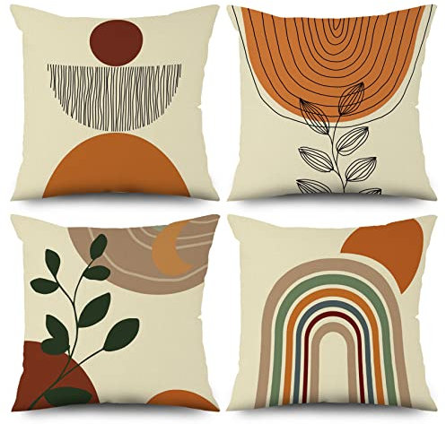 ASDCXZ Boho Kissenbezug 40x40 cm 4er Set, Modern Abstrakt Kunst Blätter Sonne Beige Sofa Kissen Bezug Dekokissen Kissenbezüge Kissenhülle Waschbar Polyester Flachs Textil Outdoor Kopfkissenbezug