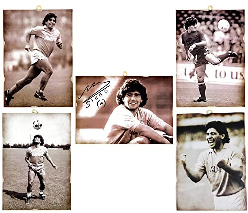KUSTOM ART Set mit 5 Bildern, Vintage-Stil, Diego Armando Maradona El Pibe de Oro D10S, Druck auf Holz, 25 x 18 cm.