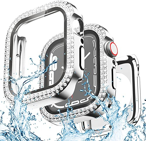 Yolovie 2 in 1 wasserdichte Glitzer Hülle Kompatibel für Apple Watch 40mm SE3/SE2/SE Serie 6/5/4 Displayschutz, iWatch Schutzhülle mit Diamant Bling Strass Gehäuse Zubehör, Silber