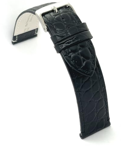 diloy Uhrenarmband aus Leder für klassische Uhren – Rindsleder mit rundem Krokodil-Prägemuster – Flach, klassischer Stil, Edelstahlschließe – Größen 12mm 14mm 16mm 18mm 20mm 22mm P209 Schwarz 22mm