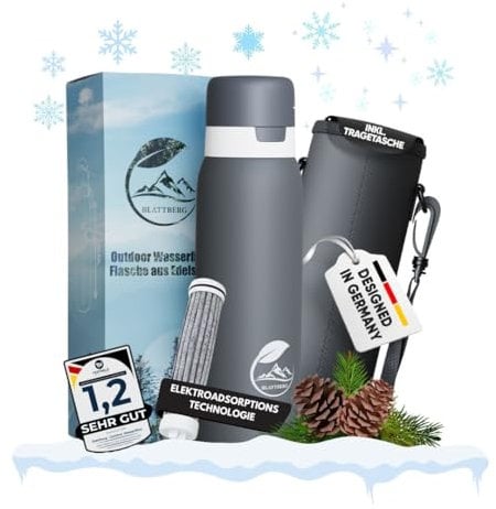BLATTBERG Edelstahl Outdoor Wasserfilter-Trinkflasche 740 ml – 500 L Filterkapazität, Entfernt 99,99% Bakterien Viren Schwermetalle Mikroplastik – Ideal für Camping, Wandern, Reisen, Alltag