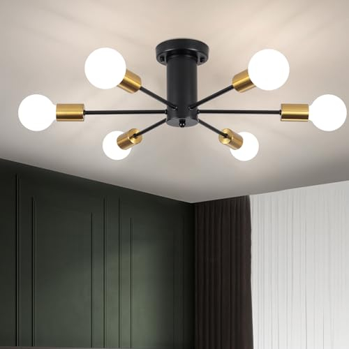 QAREHL Deckenleuchte Schwarz Gold Kronleuchter Modern, 6 Flammig Deckenlampe E27 Fassung Sputnik Lampe für Esszimmer, Schlafzimmer, Flur, Küche