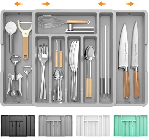 KreuRaxy Expandable Drawer Cutlery Organiser Tray for Kitchen Silverware Utensil | Adjustable Large Organizer for Efficient Spoon, Knife and Fork Storage, 6-10 Compartments, 13 to 22.8 Inches, Gray